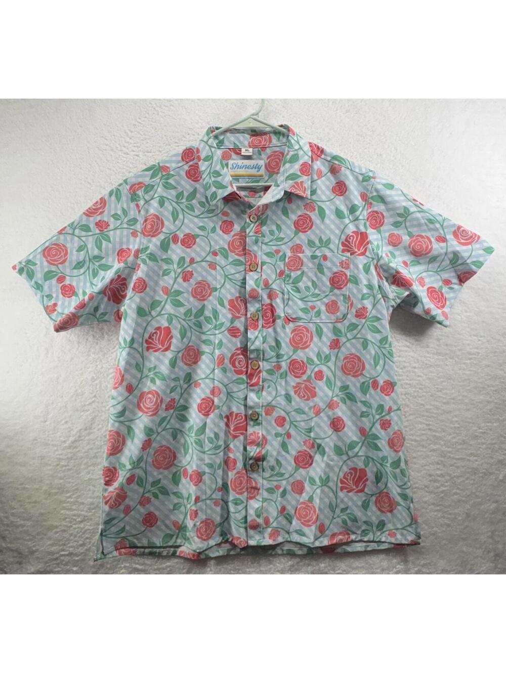 Shinesty Floral Hawaiian Camp Button Up Shirt Mens XL Derby Rose Beer Pocket